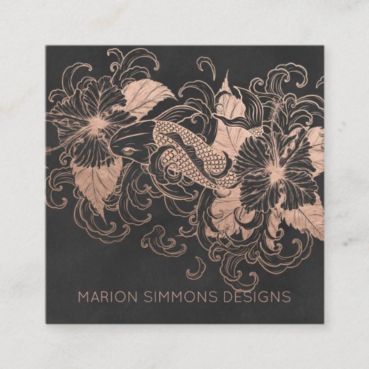 ばら色の金ゴールドホイルの花のコイの正方形ビジネス スクエア名刺 (正面)
