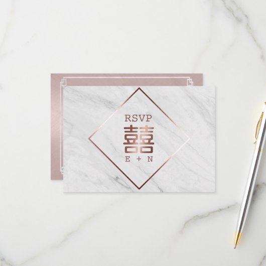 ばら色の金ゴールド及び白い大理石の中国のな結婚RSVP 出欠カード (正面/裏面インサイチュ)