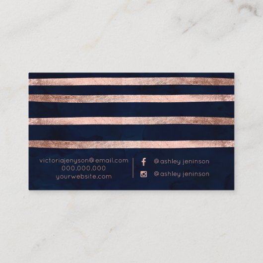 ばら色の金ゴールド幾何学的でストライプな海軍化粧のタイポグラフィ 名刺 (裏面)