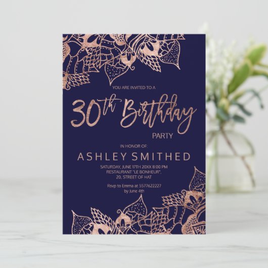 ばら色の金ゴールド海軍曼荼羅のタイポグラフィの第30誕生日 招待状 (スタンド正面)