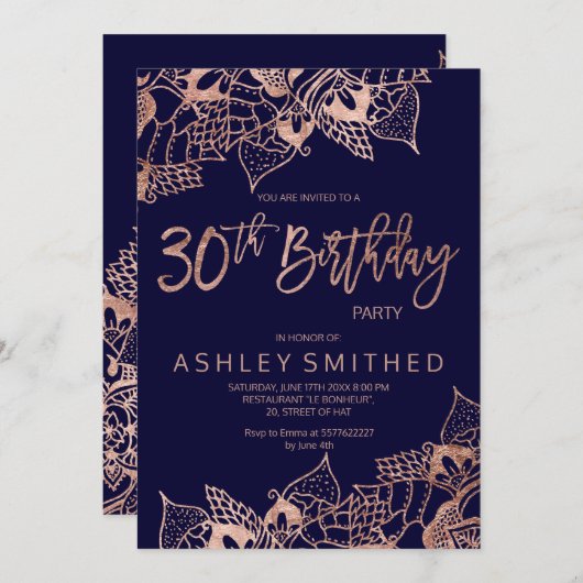 ばら色の金ゴールド海軍曼荼羅のタイポグラフィの第30誕生日 招待状 (正面/裏面)