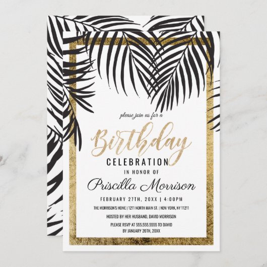 ばら色の金色やし自由章の木の葉状体の黒くモダンな誕生日 招待状 (正面/裏面)