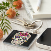 ばら色のKeychainの死んだ砂糖のスカルの日 キーホルダー (正面右)