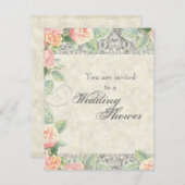 ばら色及び銀製の結婚式またはブライダルシャワー英語 招待状 (正面/裏面)