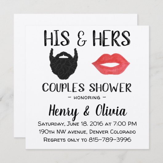 ひげと唇のカップルウェディングシャワー 招待状 (正面/裏面)