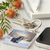 ひげのあるコリーで雪のクリスマスを過ごす キーホルダー (正面右)