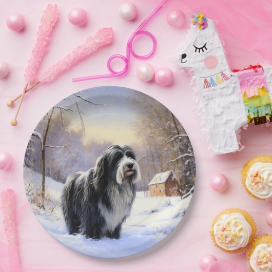 ひげのあるコリーで雪のクリスマスを過ごす ペーパープレート (パーティー)