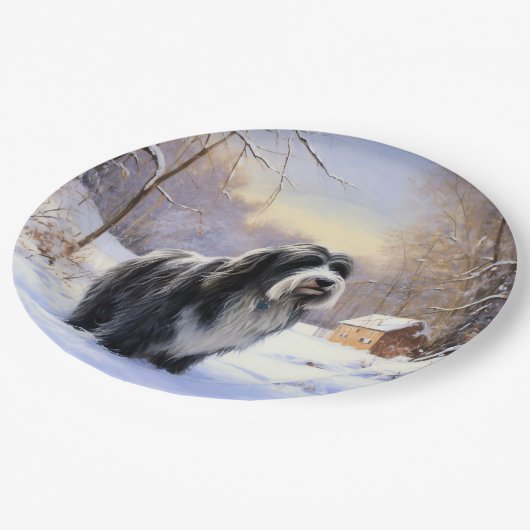 ひげのあるコリーで雪のクリスマスを過ごす ペーパープレート (アングル)