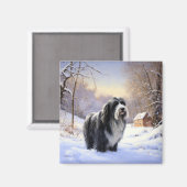 ひげのあるコリーで雪のクリスマスを過ごす マグネット (正面/裏面)
