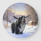 ひげのあるコリーで雪のクリスマスを過ごす ラージ壁時計 (正面)
