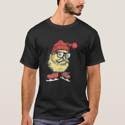 ひげのあるニワトリのアイススケート靴の服は Tシャツ (正面)