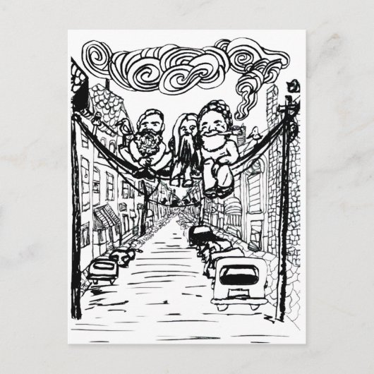 ひげの男たち、針金に腰掛ける ポストカード (正面)