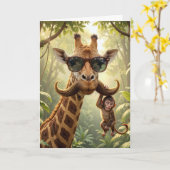 ひげをつけた誕生日のキリンとサル カード (黄色い花)
