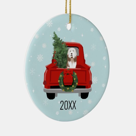 ひげを生やしたコリー犬の赤トラック セラミックオーナメント (右)