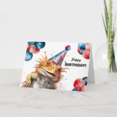 ひげを生やしたドラゴンバルーンとパーティーハット誕生日 カード (正面)