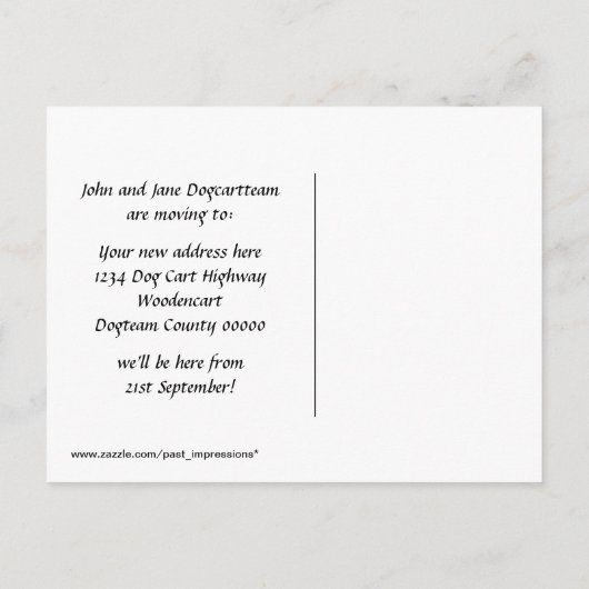 ひげを生やした男が動いている犬のカート 案内ポストカード (裏面)