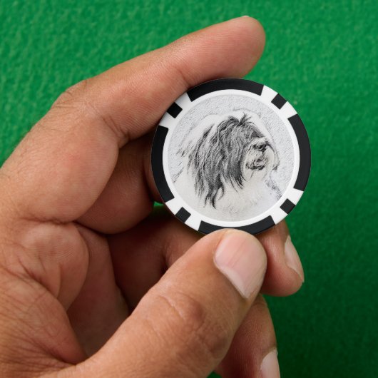 ひげ付きコリースケッチ – かわいいオリジナルドッグアート ポーカーチップ (手)