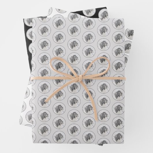 ひげ付きコリースケッチ – かわいいオリジナルドッグアート ラッピングペーパーシート (インサイチュ)