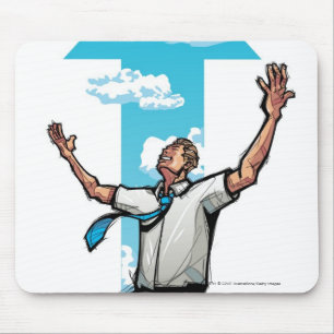 ひざまずいているビジネスマン矢は背景に署名します マウスパッド