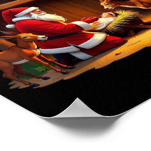 ひざまずくサンタクロースと赤ちゃんイエス メリークリスマス ポスター (角)