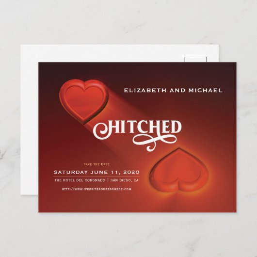 ひっかかり、2つのハートが日付はがきを保存 インビテーションポストカード (正面/裏面)