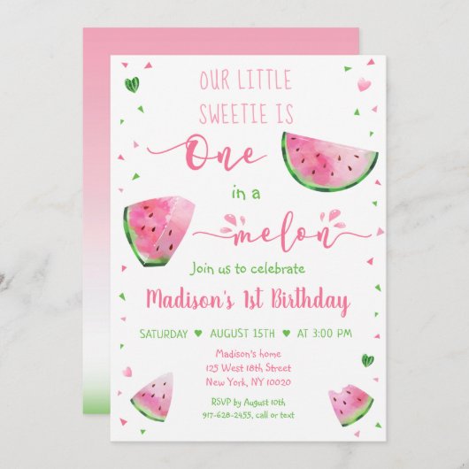 ひとつだけのメロン　ピンクとグリーンの誕生日 招待状 (正面/裏面)