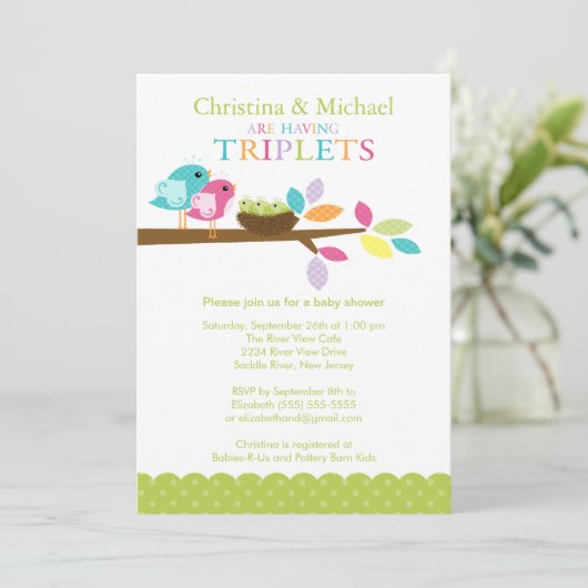 ひな鳥の巣の三重項のベビーシャワー招待状 招待状 (スタンド正面)