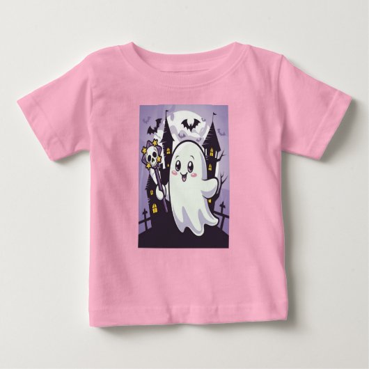 ひねりのかわいい幽霊のポスよくはしゃぐター ベビーTシャツ (正面)
