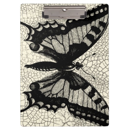 ひび割れた背景に黒と白の蝶 クリップボード (正面)