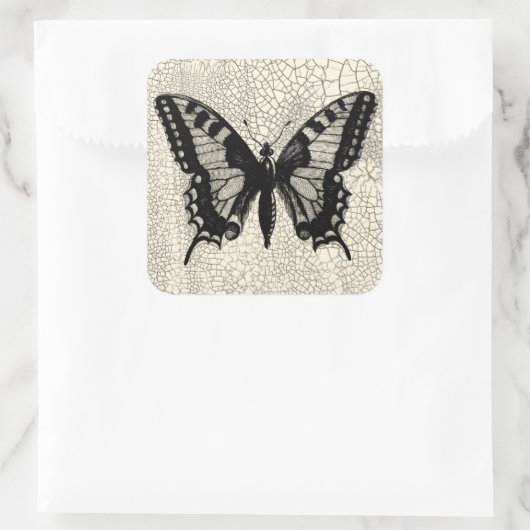 ひび割れた背景に黒と白の蝶 スクエアシール (バッグ)