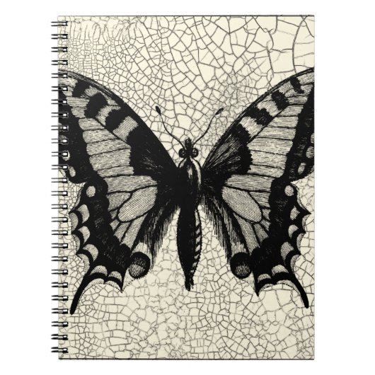 ひび割れた背景に黒と白の蝶 ノートブック (正面)