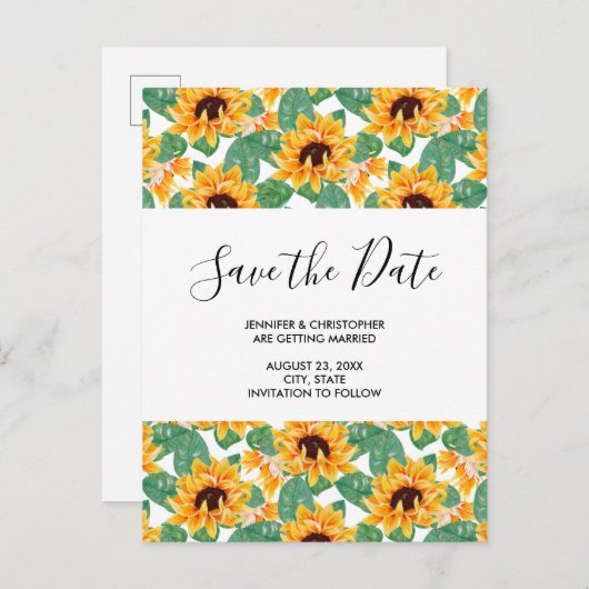 ひまわりかわいらしのパターン日付の保存 インビテーションポストカード (正面/裏面)