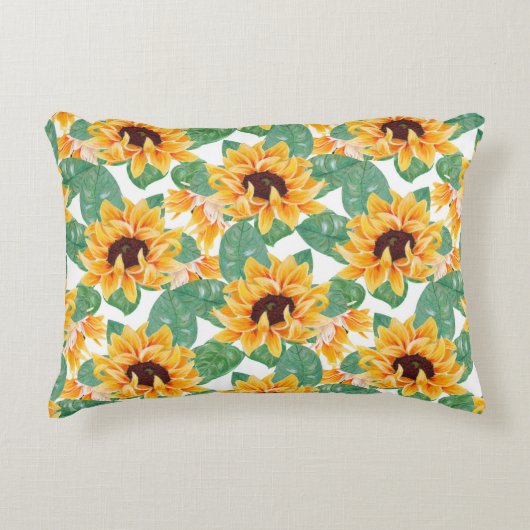 ひまわりかわいらしの黄色と緑のパターン アクセントクッション (正面)