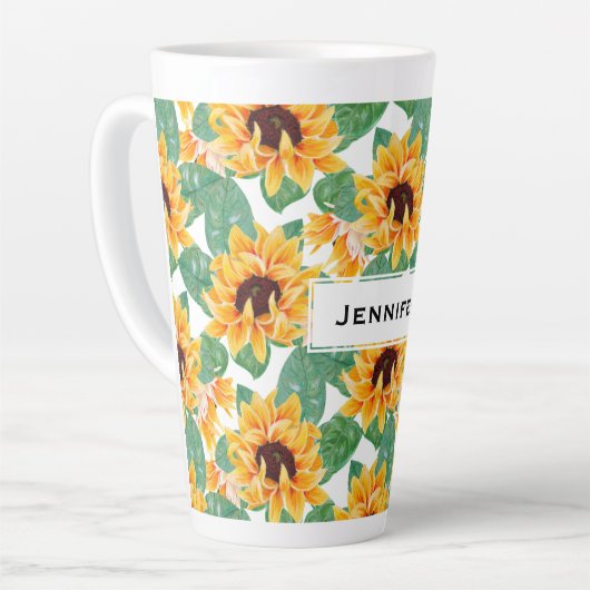 ひまわりかわいらしの黄色と緑のパターン カフェラテマグ (左アングル)