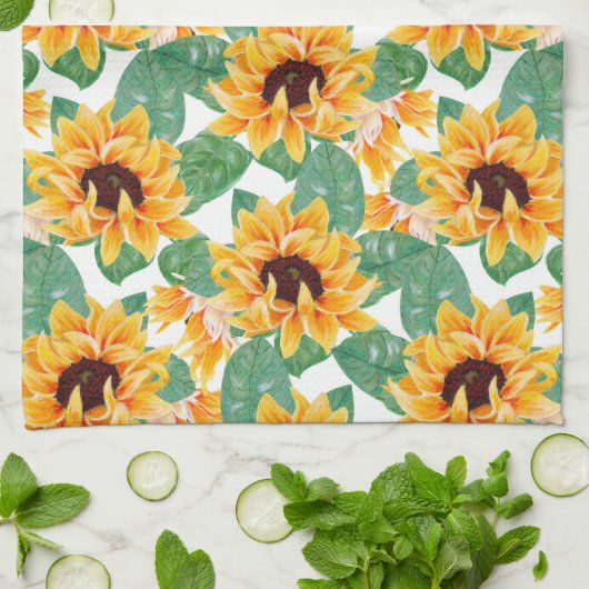 ひまわりかわいらしの黄色と緑のパターン キッチンタオル (折り畳み)