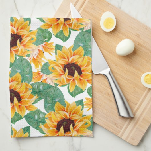 ひまわりかわいらしの黄色と緑のパターン キッチンタオル (四つ折り)