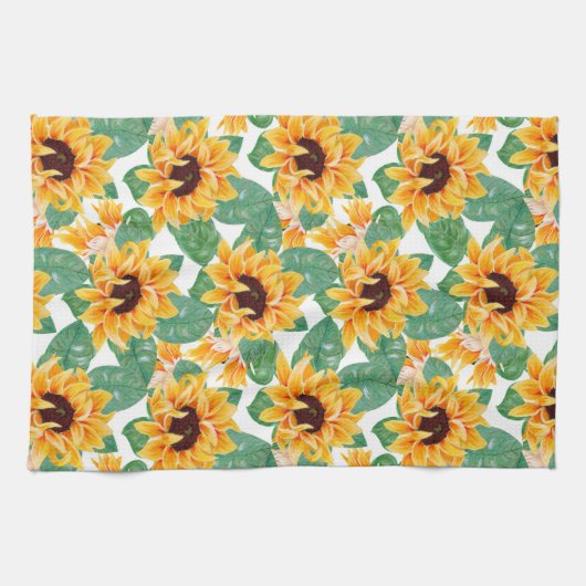 ひまわりかわいらしの黄色と緑のパターン キッチンタオル (横)