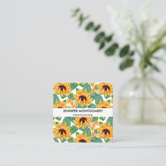 ひまわりかわいらしの黄色と緑のパターン スクエア名刺 (スタンド正面)