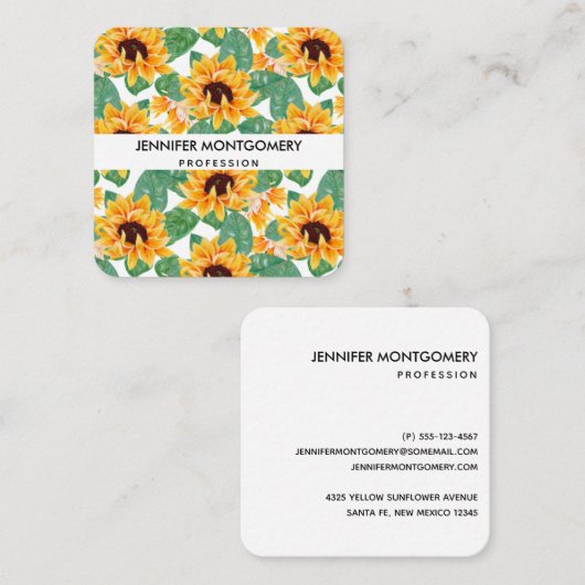 ひまわりかわいらしの黄色と緑のパターン スクエア名刺 (正面/裏面)
