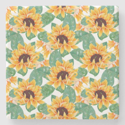 ひまわりかわいらしの黄色と緑のパターン ストーンコースター (正面)