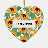 ひまわりかわいらしの黄色と緑のパターン セラミックオーナメント (正面)