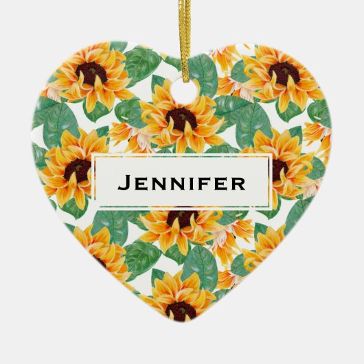 ひまわりかわいらしの黄色と緑のパターン セラミックオーナメント (正面)