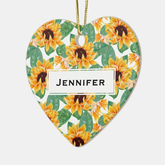 ひまわりかわいらしの黄色と緑のパターン セラミックオーナメント (左)