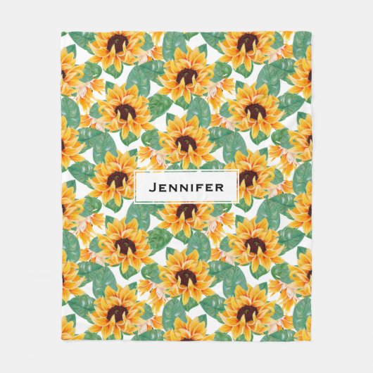 ひまわりかわいらしの黄色と緑のパターン フリースブランケット (正面)