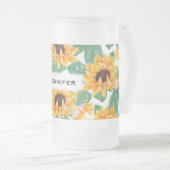 ひまわりかわいらしの黄色と緑のパターン フロストグラスビールジョッキ (正面右)