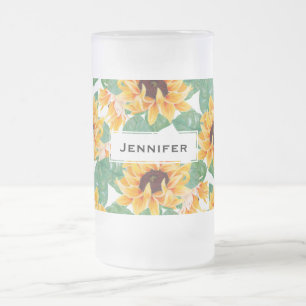 ひまわりかわいらしの黄色と緑のパターン フロストグラスビールジョッキ