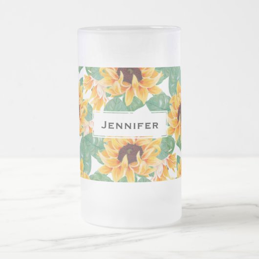 ひまわりかわいらしの黄色と緑のパターン フロストグラスビールジョッキ (中央)