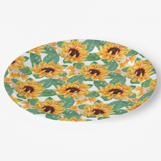 ひまわりかわいらしの黄色と緑のパターン ペーパープレート (アングル)