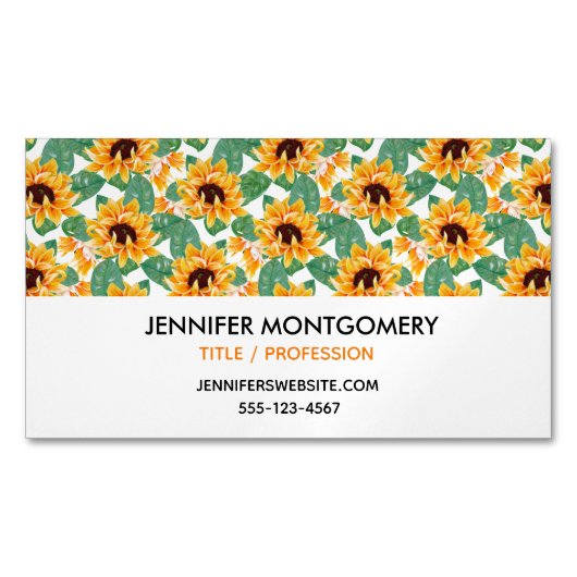 ひまわりかわいらしの黄色と緑のパターン マグネット名刺 (正面)