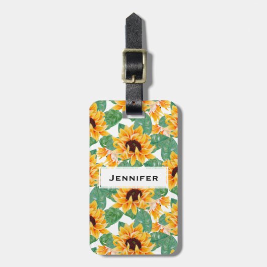 ひまわりかわいらしの黄色と緑のパターン ラゲッジタグ (正面縦)